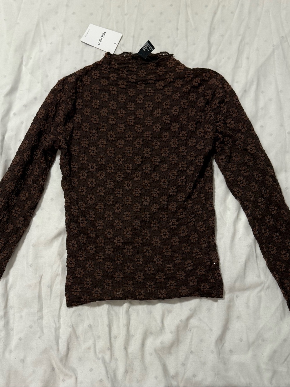 Forever 21 Brown Floral Lace Mock Neck Long Sleeve Top - Chocolate